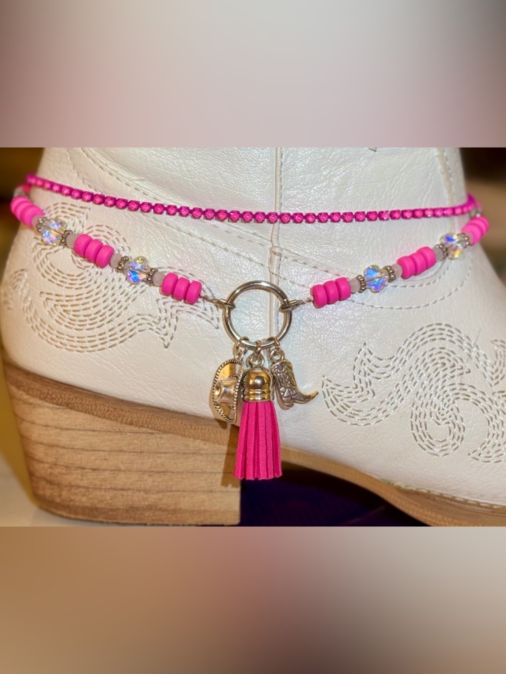 Handmade Hot Pink Beaded Boot Bracelet with Charms